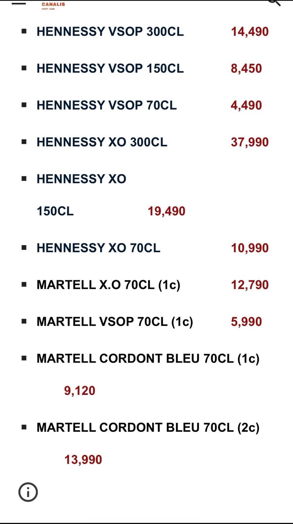 CANALIS CLUB 菜单原件 · 干邑 Cognac 价目表（Hennessy 与 Martell）