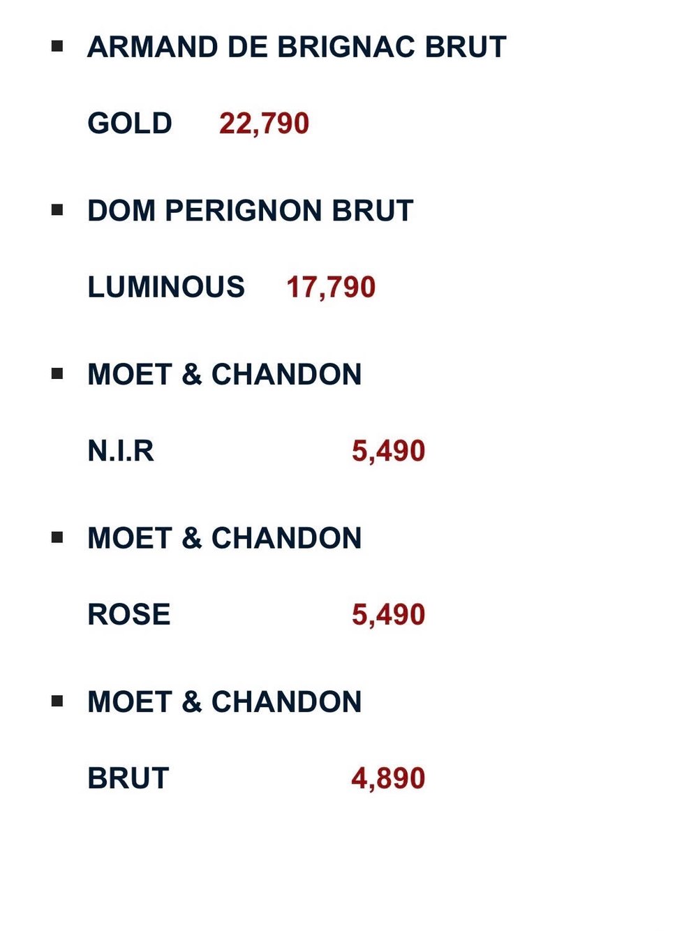 CANALIS CLUB 菜单原件 · 香槟价目表（黑桃 A、Dom Pérignon、Moët & Chandon）