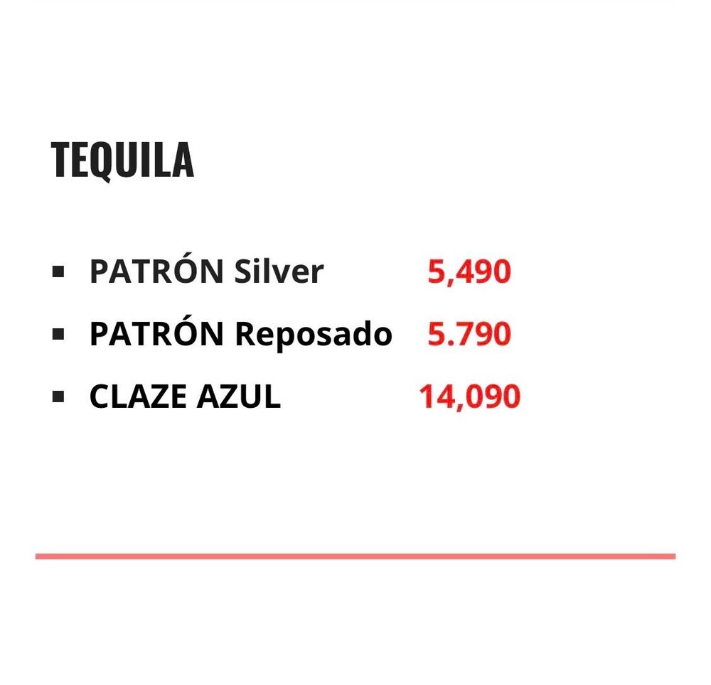 CANALIS CLUB 菜单原件 · 龙舌兰 Tequila 价目表（Patrón、Clase Azul）