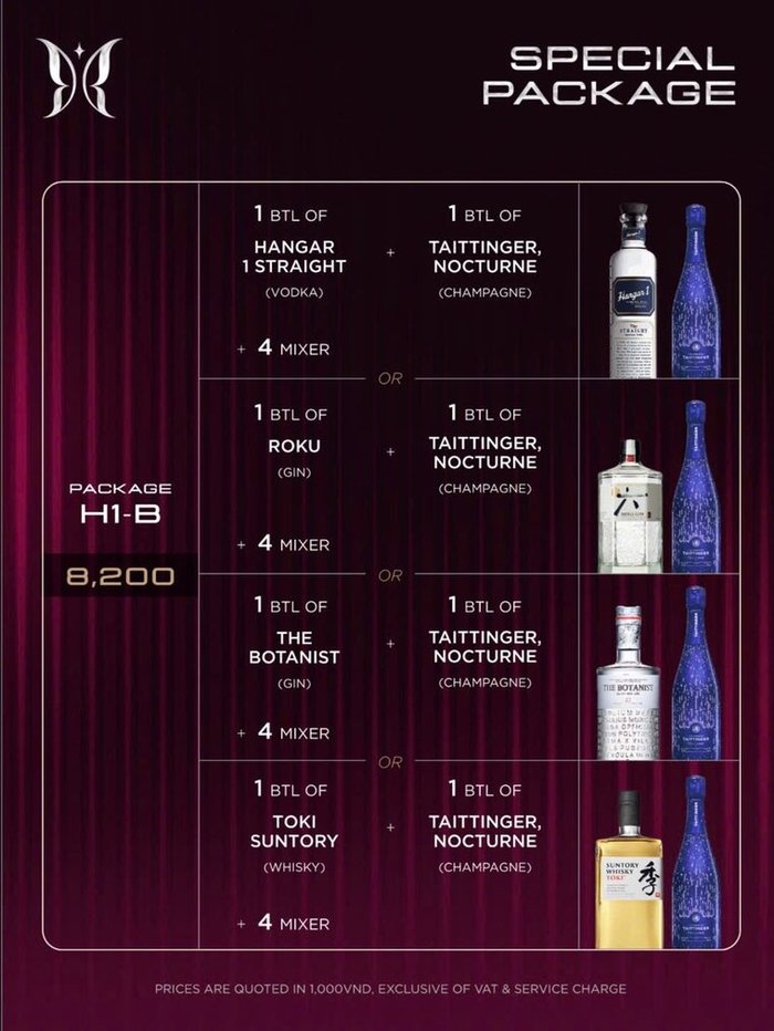 KÉN SKYBAR H1-B 套餐原件：一瓶烈酒加一瓶 Taittinger 香槟
