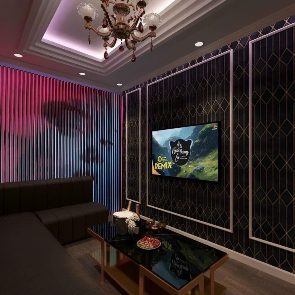 NEW 127 KTV 现代包厢，粉紫渐变灯带竖纹墙与黑金菱格护墙板