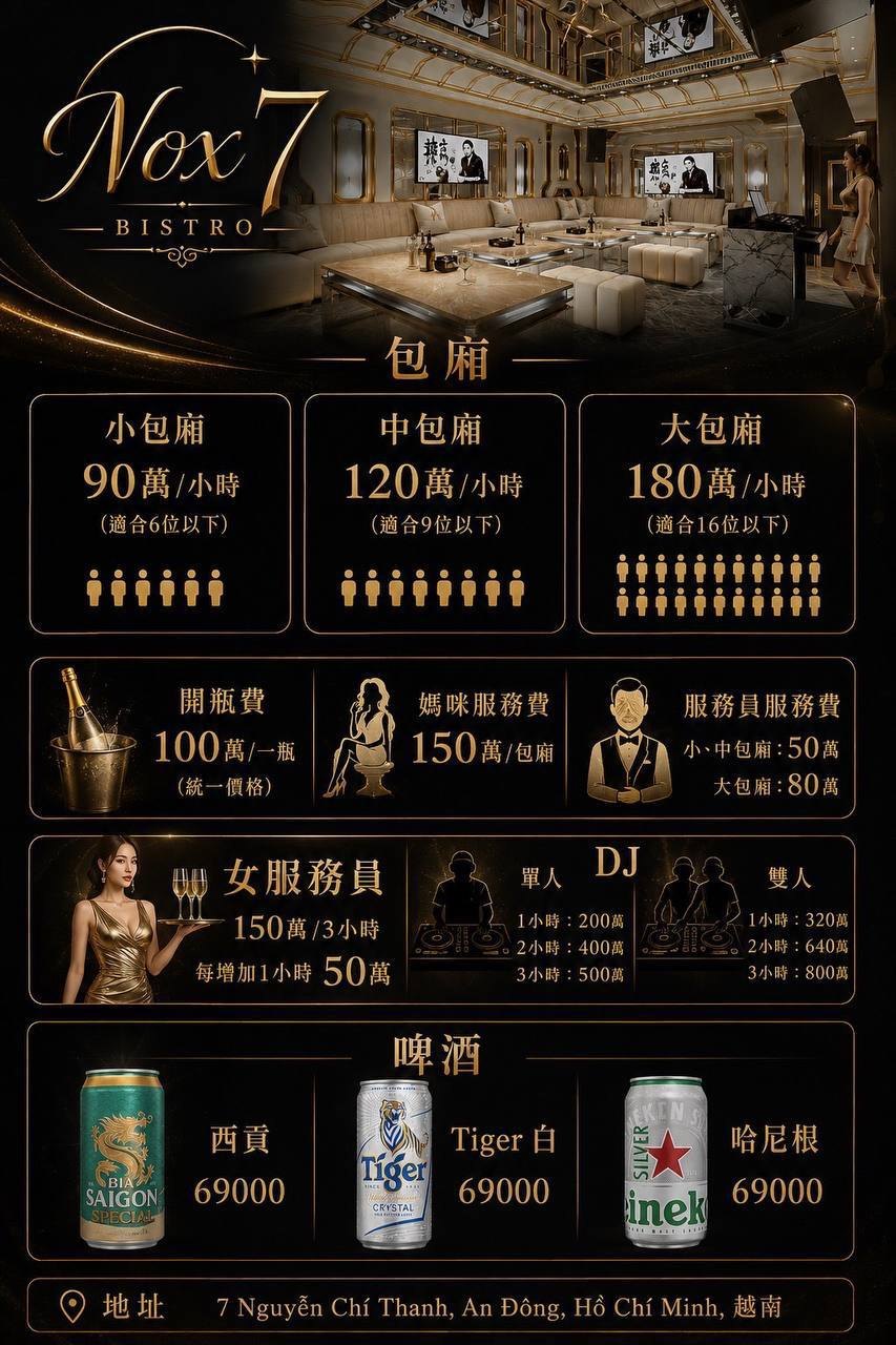 NOX7 Bistro KTV 菜单原件：包厢三档房价、开瓶费、妈咪与服务员服务费、女服务员与 DJ 价目、啤酒价格