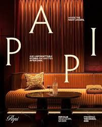 PAPI BAR 官方海报：竖排 PAPI 字母压在弧形丝绒卡座与暖橙背光墙面上，下方标注 Papi Club 黎利街 西贡