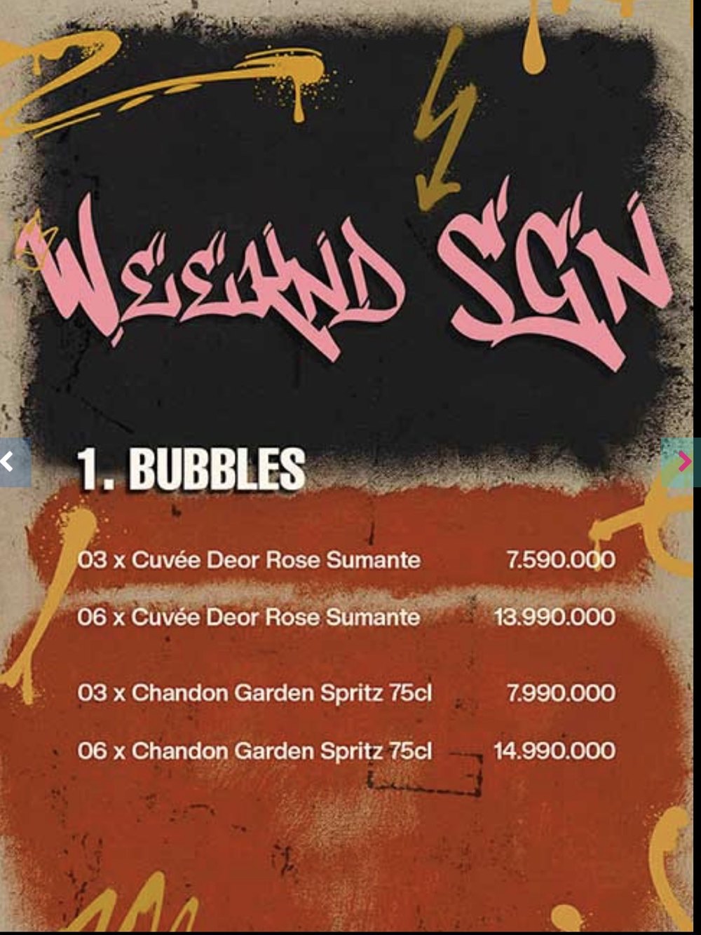 WEEKEND SAIGON 气泡酒价目原件，喷漆涂鸦风格，列出 Cuvée Deor Rose 与 Chandon Garden Spritz 套装价