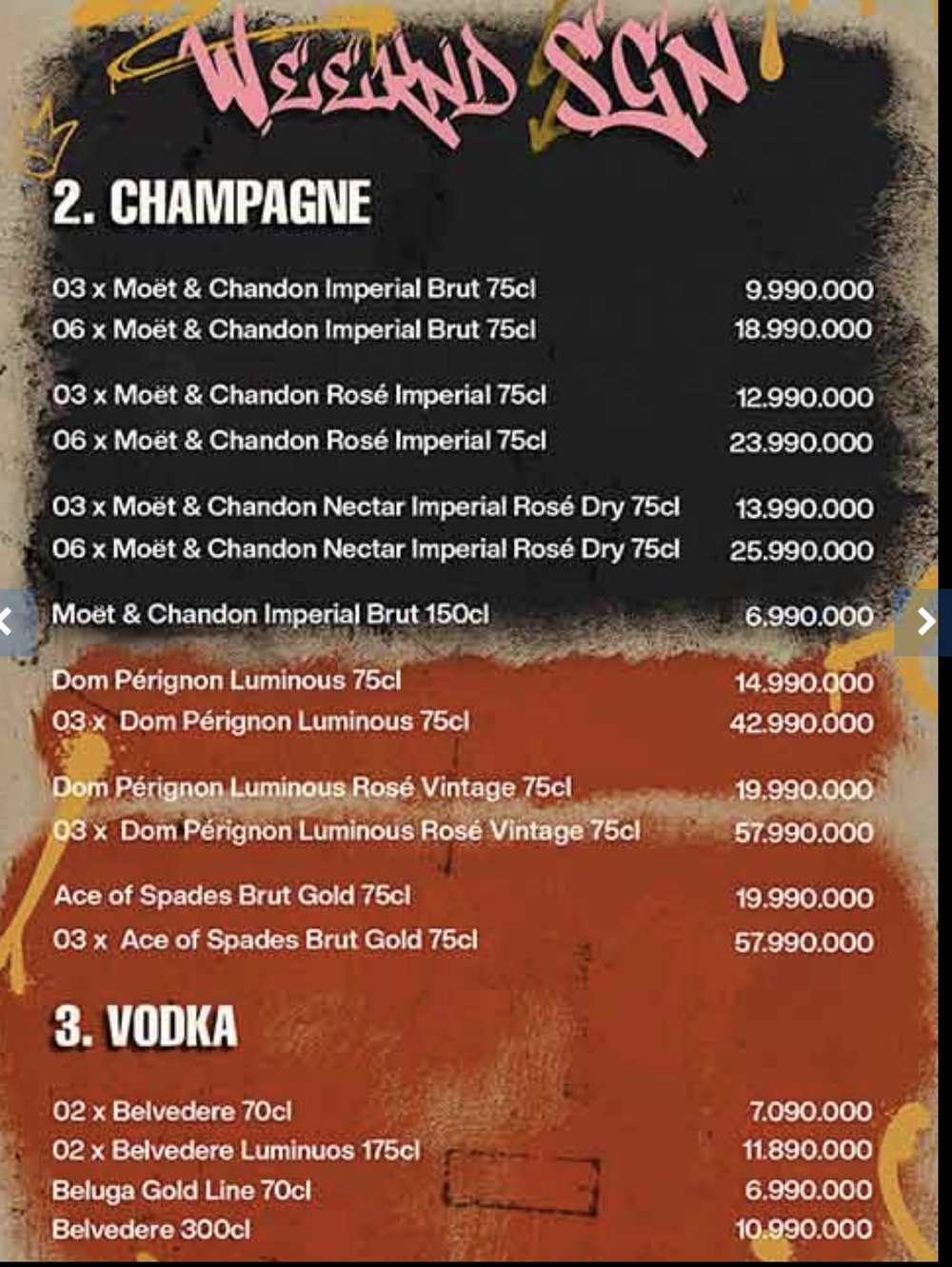 WEEKEND SAIGON 香槟与伏特加价目原件，含 Moët、Dom Pérignon、黑桃 A、Belvedere