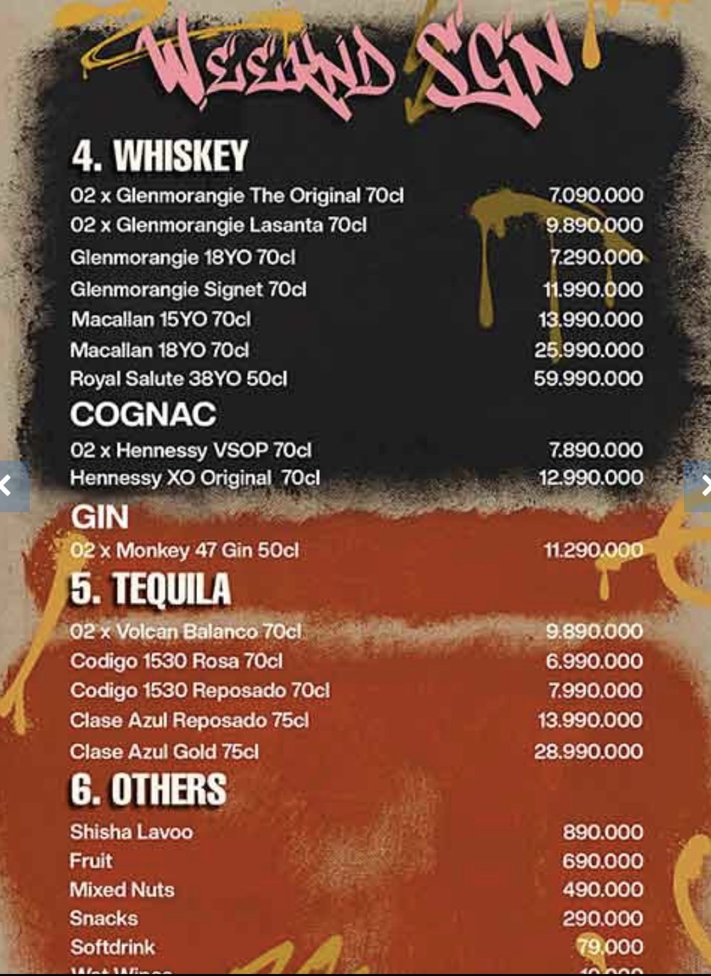 WEEKEND SAIGON 威士忌干邑金酒龙舌兰与小食价目原件，含 Macallan、Hennessy、Clase Azul